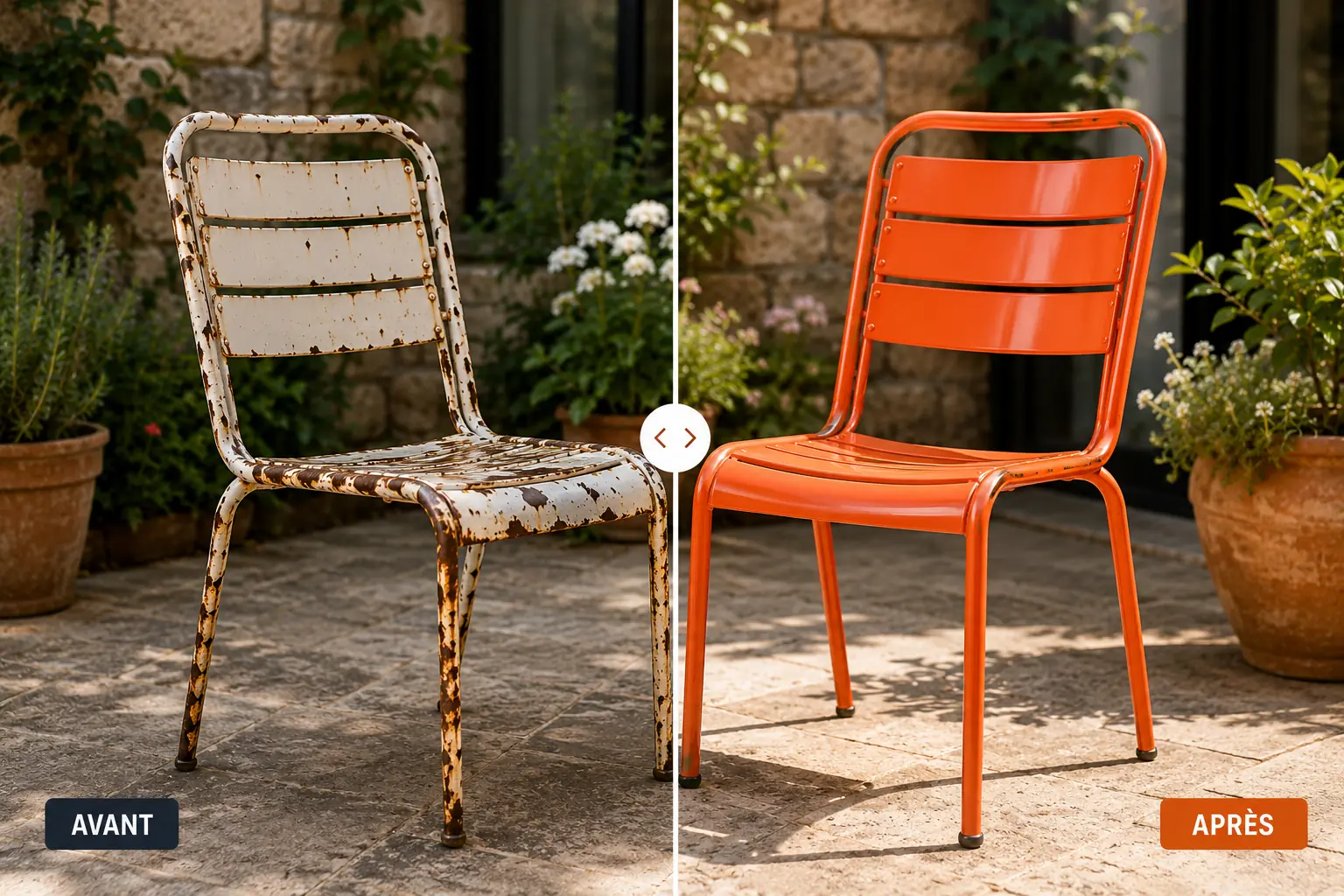Avant / Après d'une chaise métallique rouillée rénovée grâce au décapage, au traitement anticorrosion et au thermolaquage.